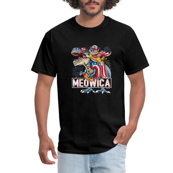 True Vibe Meowica American Flag Cat Dinosaur 4Th Of July Men'S T-Shirt
