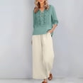 thumbnail image 2 of Linen Sets for Women 2 Piece Summer 2026 3/4 Sleeve Embroidered Boho Tops Wide Leg Pants Beach Vacation Outfits Lounge Wear,Mint Green XL, 2 of 7