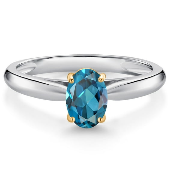 Gem Stone King 10K White and Yellow Gold London Blue Topaz Solitaire Engagement Ring for Women (1.00 Cttw, Oval 7X5MM, Gemstone November Birthstone, Size 7)