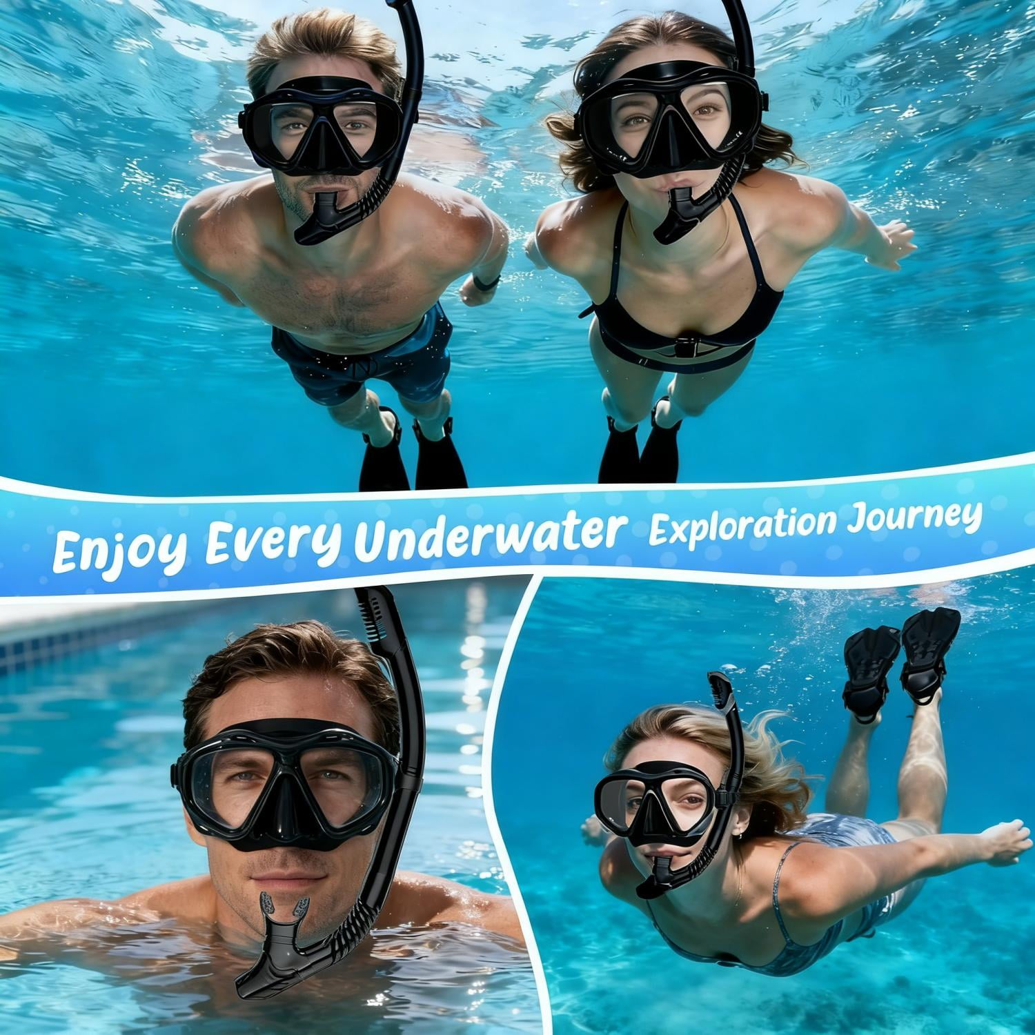 Snorkeling Gear for Adults Men Women, 3 in 1 Snorkel Set with Panoramic View Diving Mask, Dry Top Snorkel Fins for Swimming, Snorkeling and Travel Diving-Black(Large/X-Large)
