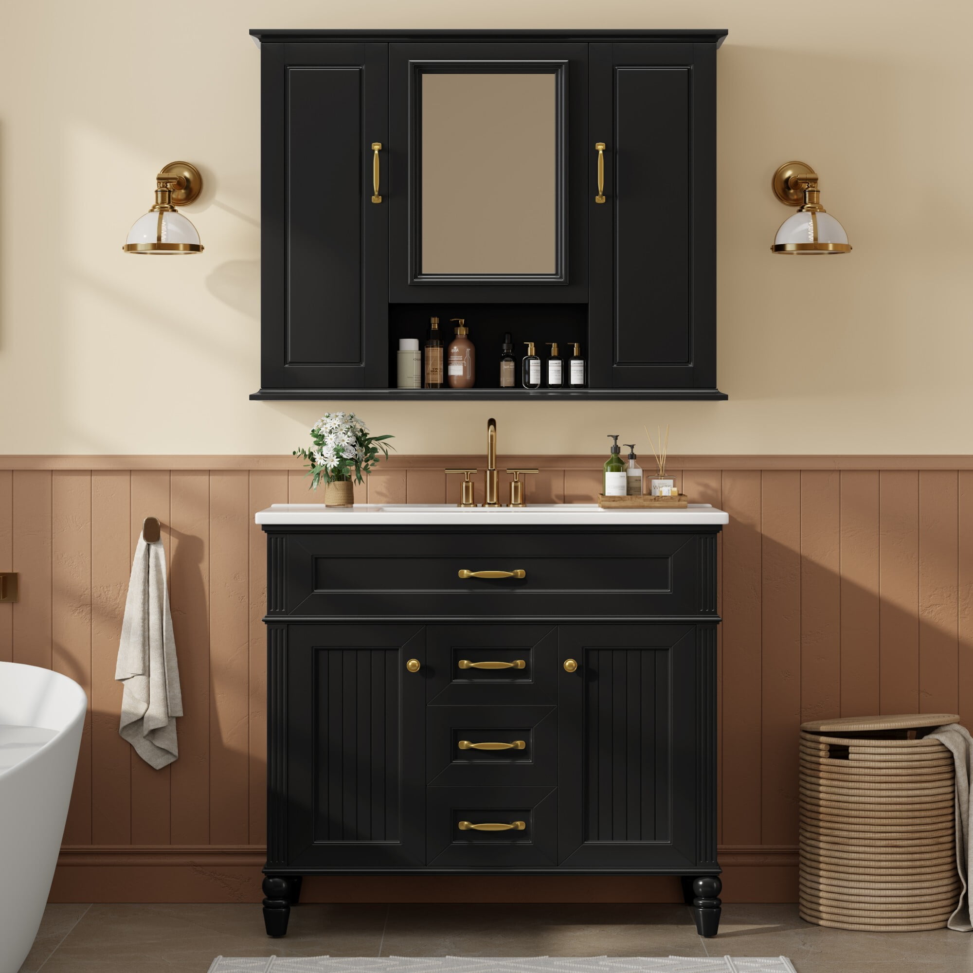 DEALTOPS 36" Bathroom Mirror Cabinet with Storage, Adjustable Shelves, Modern Wall-Mounted Medicine Cabinet in Black