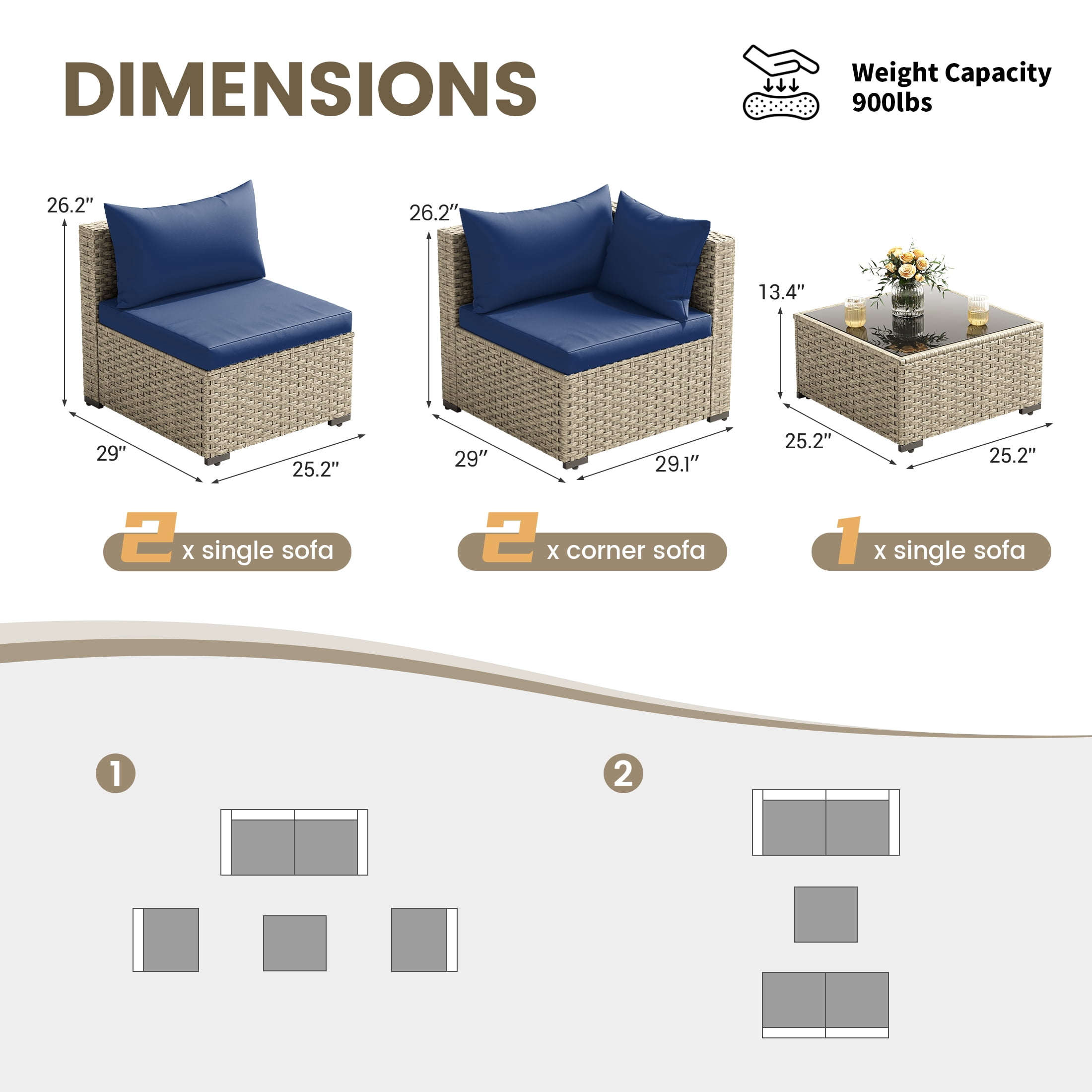 POTEBAN 5 Pieces Outdoor Patio Furniture Set, Outdoor Wicker Patio Conversation Set with Cushions for Backyard, Porch, Garden(Navy Blue)