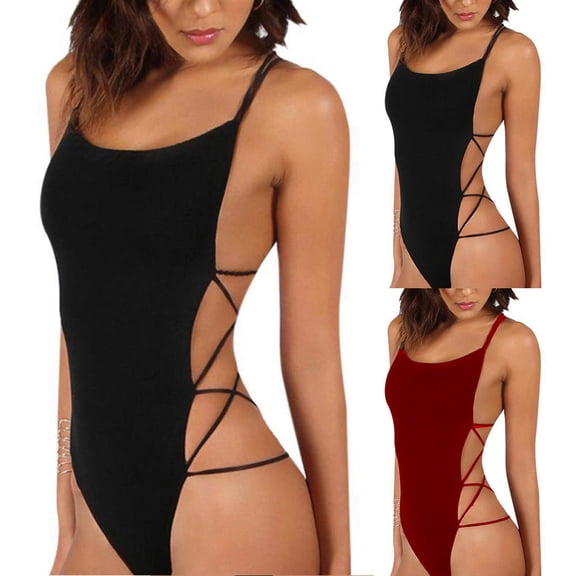 Sexy Strappy Backless Women Solid Color Monokini One-piece Swimwear Bodysuit