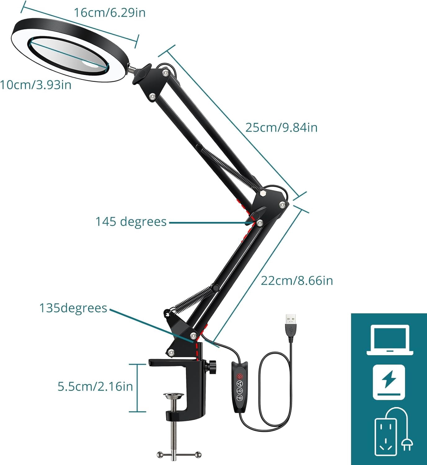 Magnifying Glass with Light and Clamp, 29 inch Adjustable Swivel Arm Lighted Magnifying Desk Lamp, LED 3 Color Modes,10 Brightness, Hands Free Flexible Magnifier for Hobby Close Work, Reading