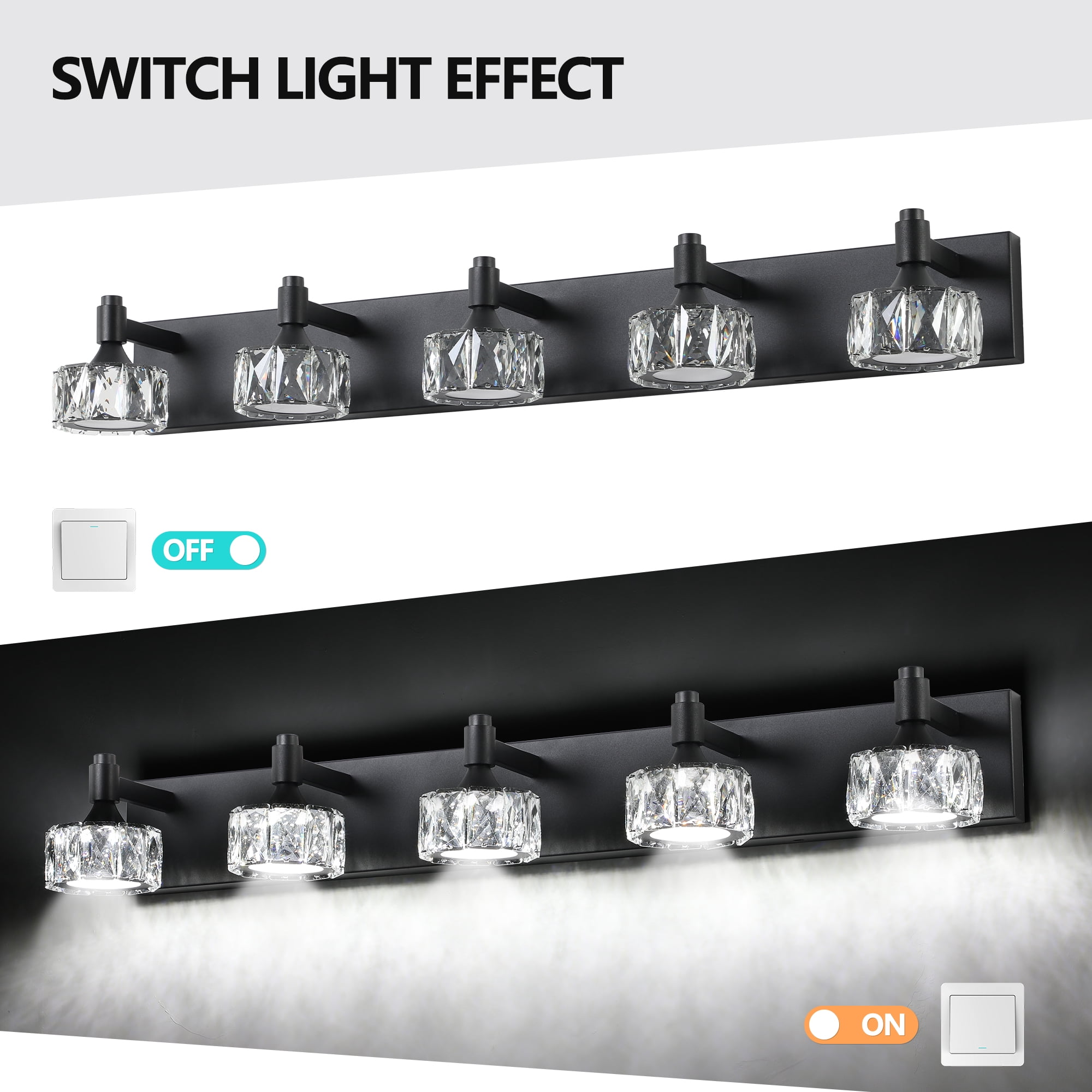 Crystal Vanity Lights for Bathroom, 5 Light Bathroom Vanity Light, Modern 36.0in Light Over Mirror Light Fixtures Matte Black