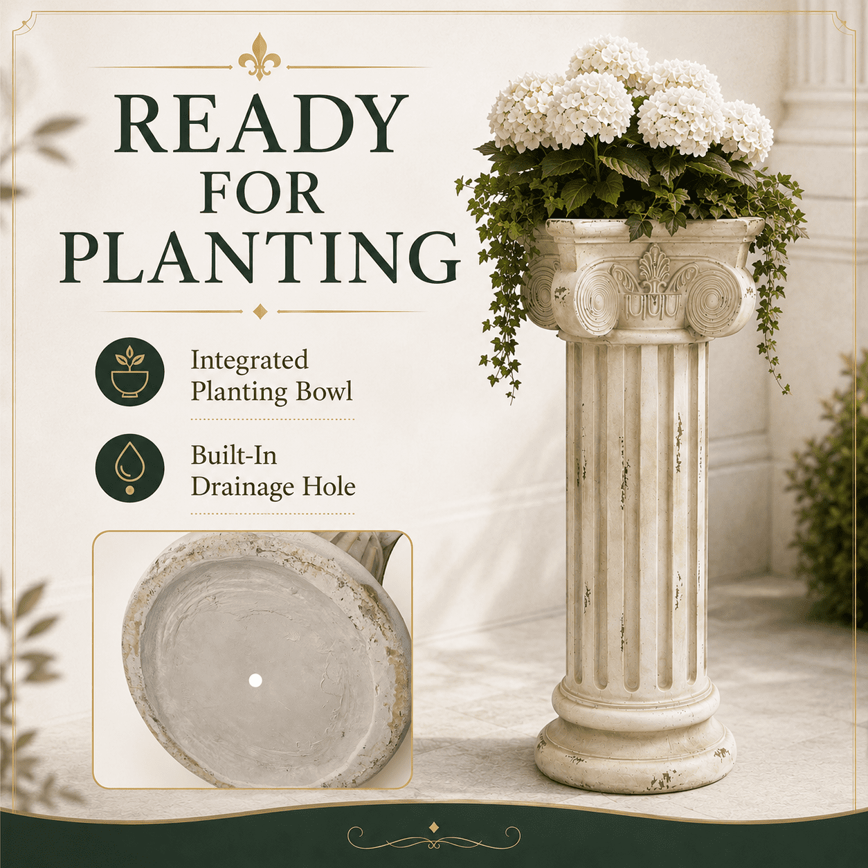 Aukfa 28.93" MGO Roman Column Planter Urn, Antique Garden Pedestal,Antique White