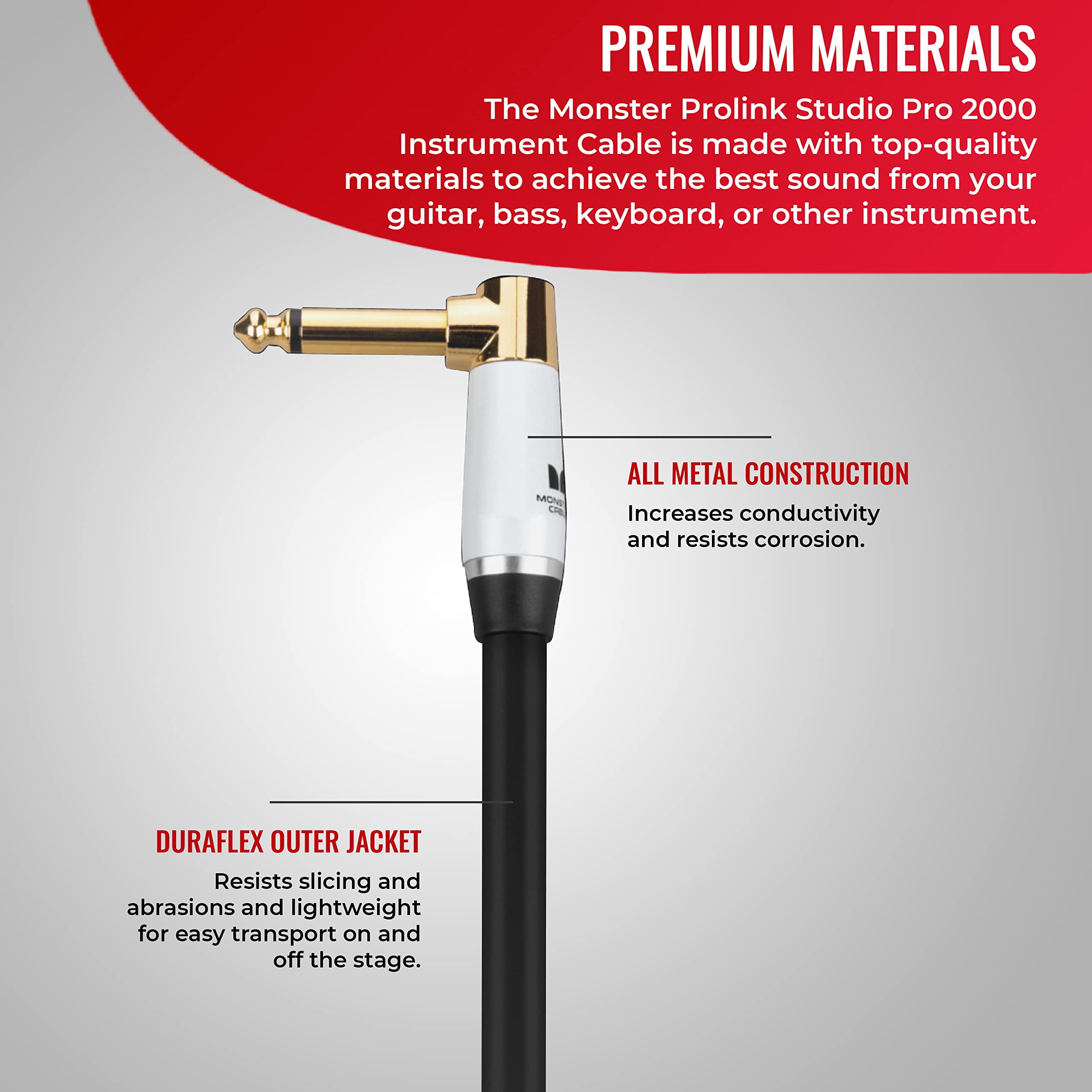 Monster Prolink Studio Pro 2000 Instrument Cable - 24K Gold Contacts, Multi-Gauge Wire Networks, and MultiTwist Construction with 95% Copper-Braid Shielding, 8 in Cable Right Angle to Right Angle