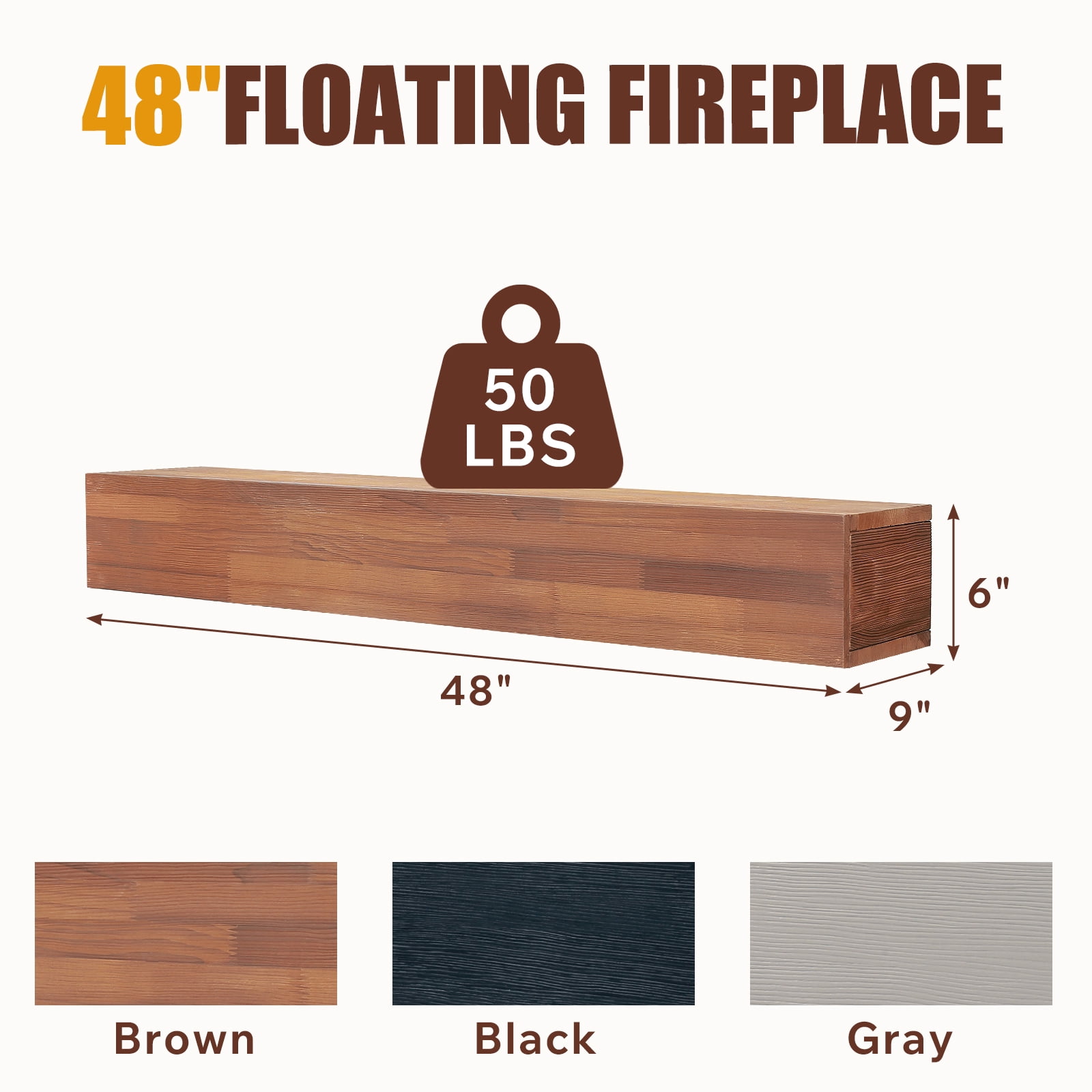Hommoo 48" Rustic Wood Fireplace Mantel Wall-Mounted & Floating Shelf for Home Decor, Brown