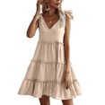 thumbnail image 3 of Txlixc, vestido informal de verano para mujer, vestido acampanado de Color sólido sin mangas con cuello en V y volantes, vestido plisado para fiesta en la playa, ropa de calle Txlixc  Estilo de ocio, 3 of 8