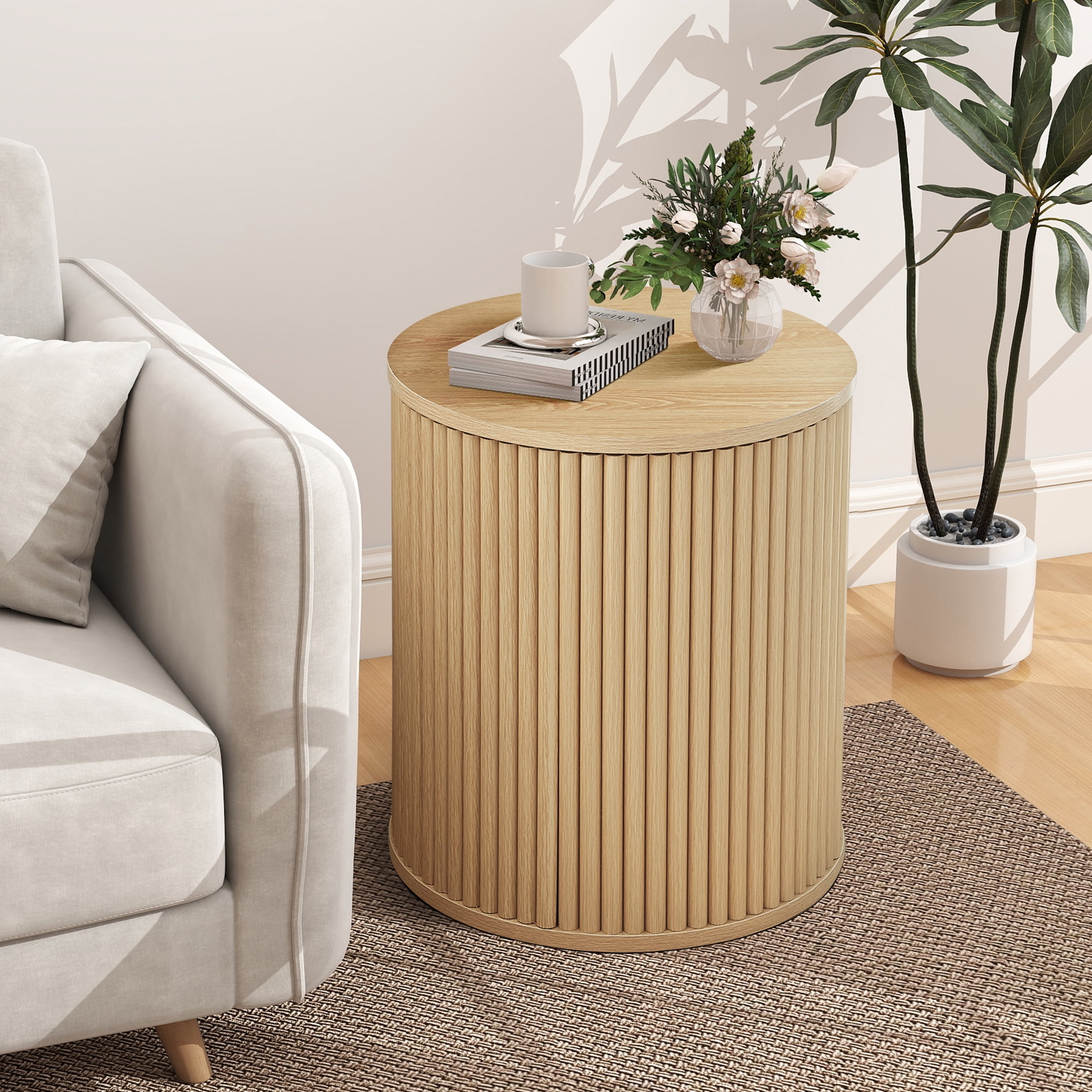 Wirrytor Round Side Table for living room, Fluted End Table for Small Spaces, Mid Century Modern Small Accent Tables, Bedside Table, Couch Side Table, Nightstand for Bedroom Couch,Oak
