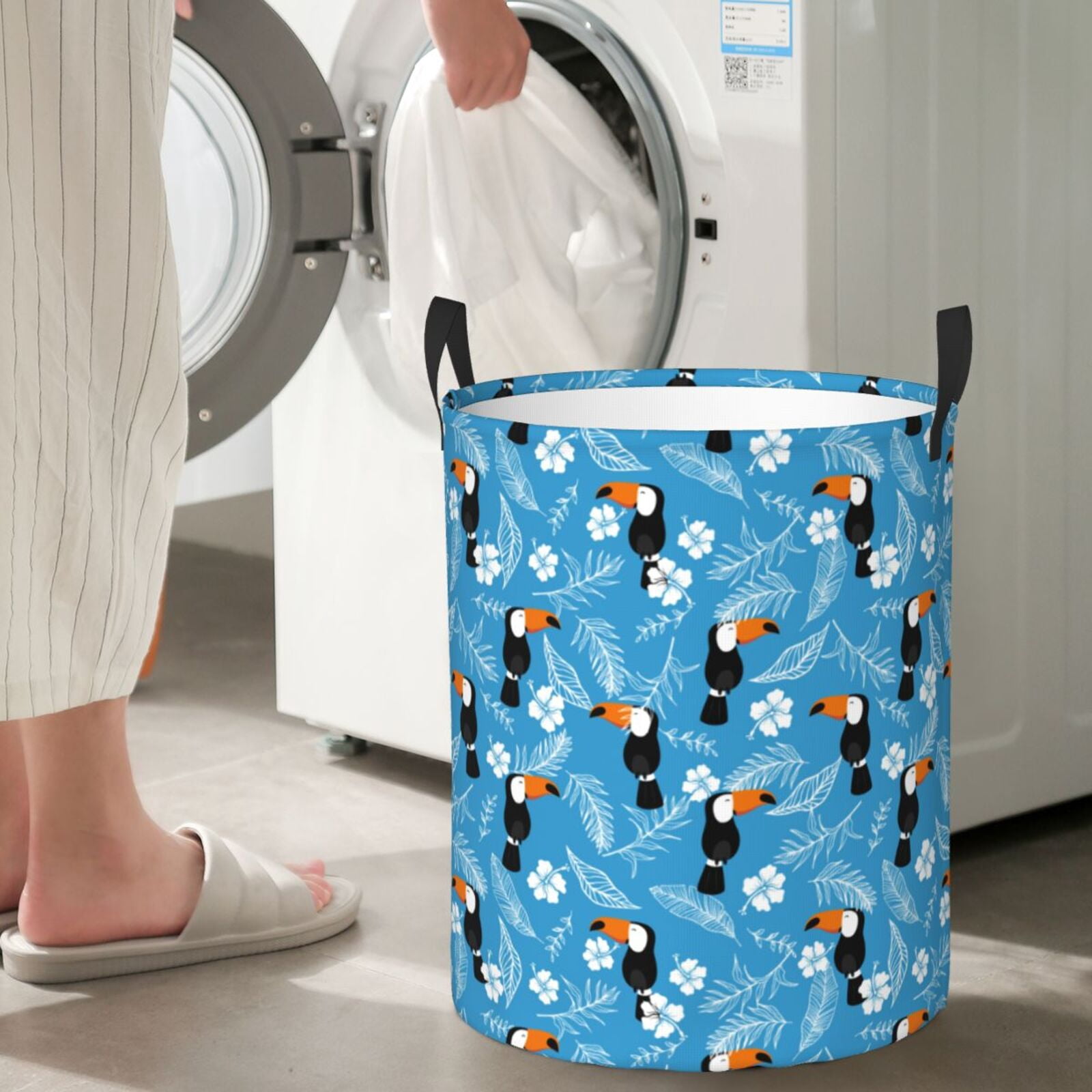 Large Laundry Basket with Handles - Cartoon Cute Toucan Leaves Blue Kids Baby Dirty Clothes Laundry Hamper for Bedroom Aesthetic