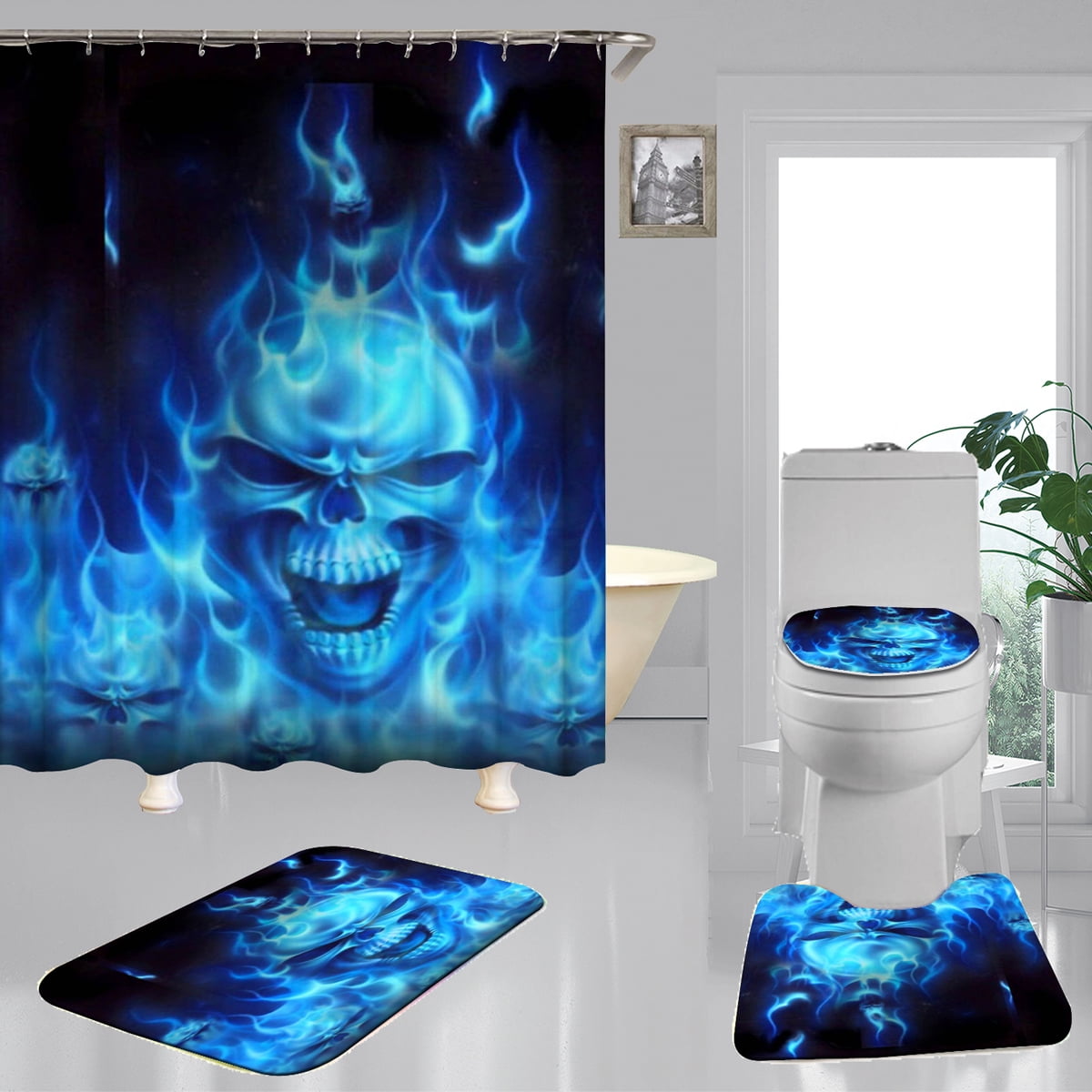 Halloween skull Waterproof Shower Curtain Anti slip Bath Mat Bathroom SuitB Jx 
