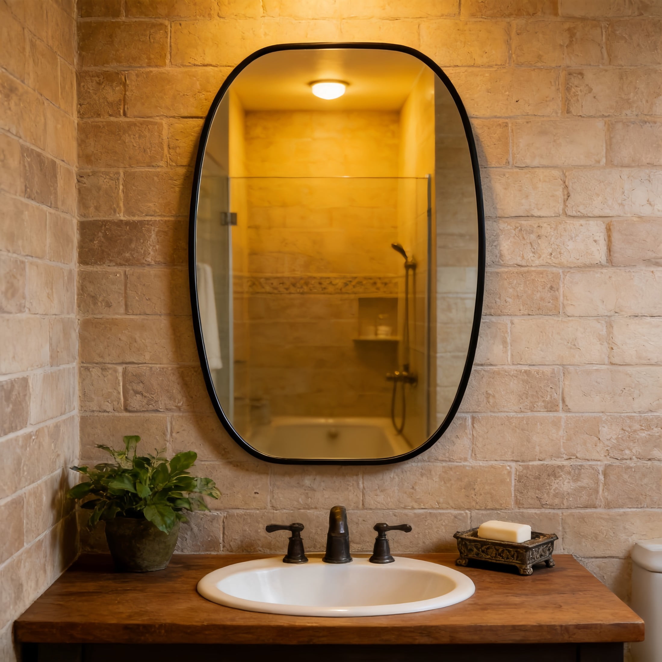 Noble House 20"x30" Unique Metal Framed Oval Wall Mirror, Modern Oblong Vanity Mirror for Bathroom & Entryway, Black