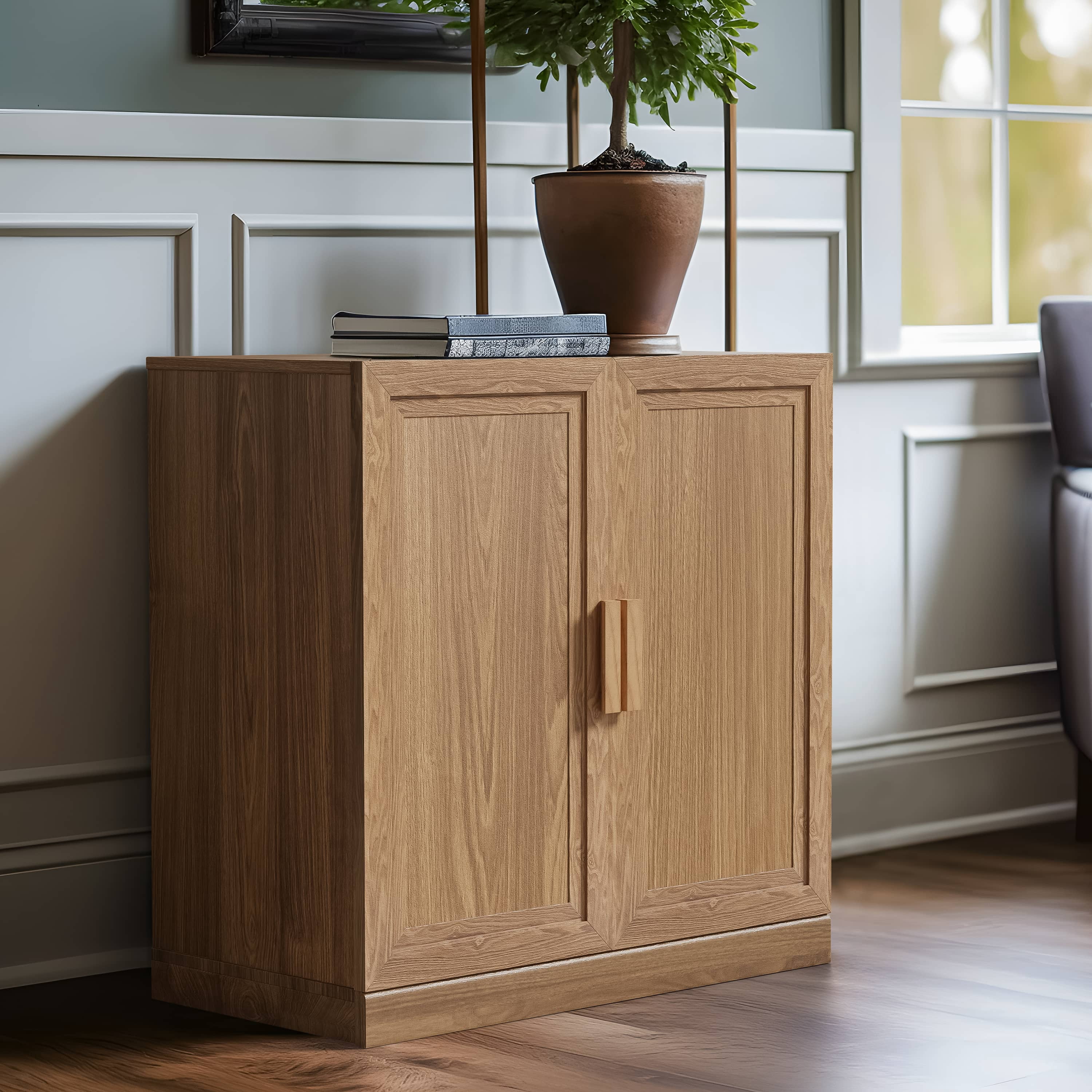 MAYEERTY 31"x31"x16" Storage Cabinet Wood Accent Cabinet for Living Room,Natural Wood