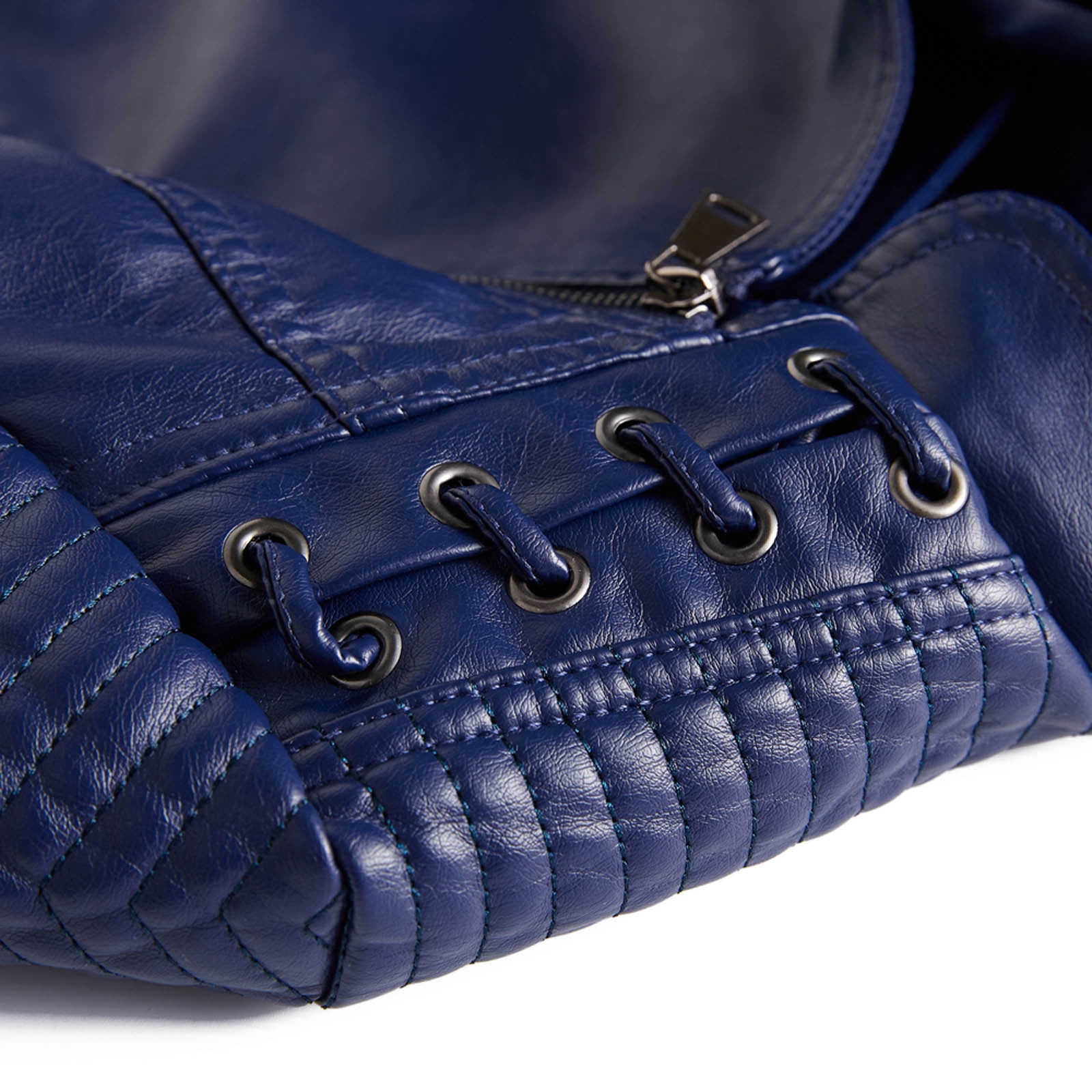 QATAINLAV Women's Faux Leather Moto Jacket Casual Short Solid Color Biker Coat Ladies Zip Up Open Front Lapel Motorcycle Outwear with Pockets Navy XL