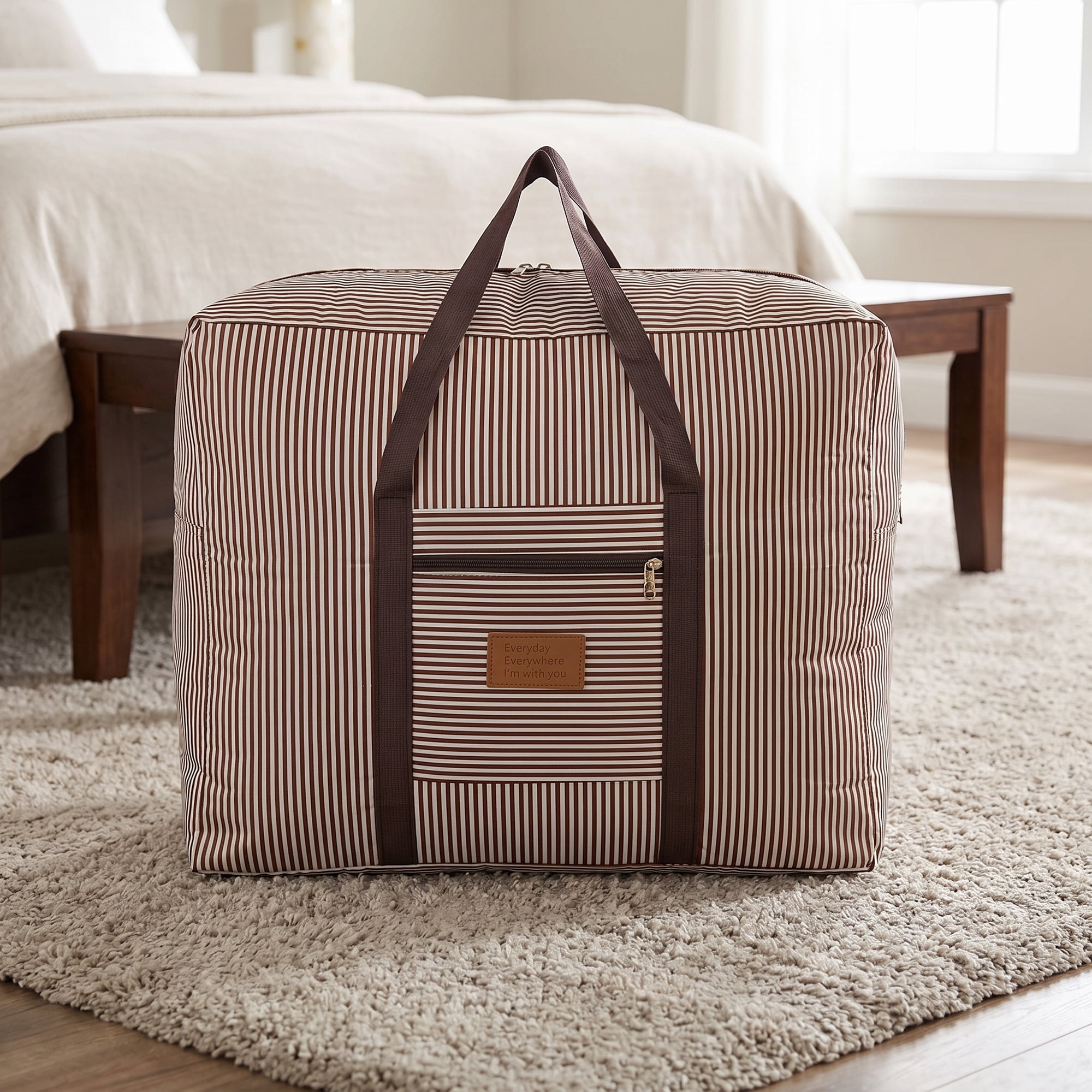 Unique Bargains Large Capacity Striped Oxford Travel Bag Coffee Brown 19.7" x 15.7" x 9.8"