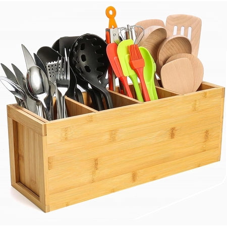 Extra Large Bamboo Utensil Holder, 4 Sections Kitchen Utensil Holder Organizer for Countertop, Cooking Utensil Caddy Farmhouse Utensils Holder Utensil Crock for Kitchen Counter