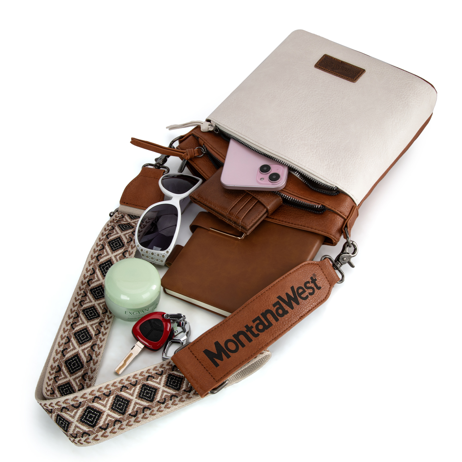 Montana West Multi Zip Pocket Large Crossbody Bag With Guitar Strap, Brown/Beige