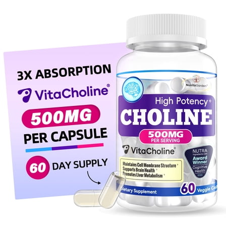Extra Strength Choline 500 mg - Essential Nutrient Featuring VitaCholine® for Focus Support - Vegan Certified · Non-GMO · Gluten Free - 60 Liquid Capsules