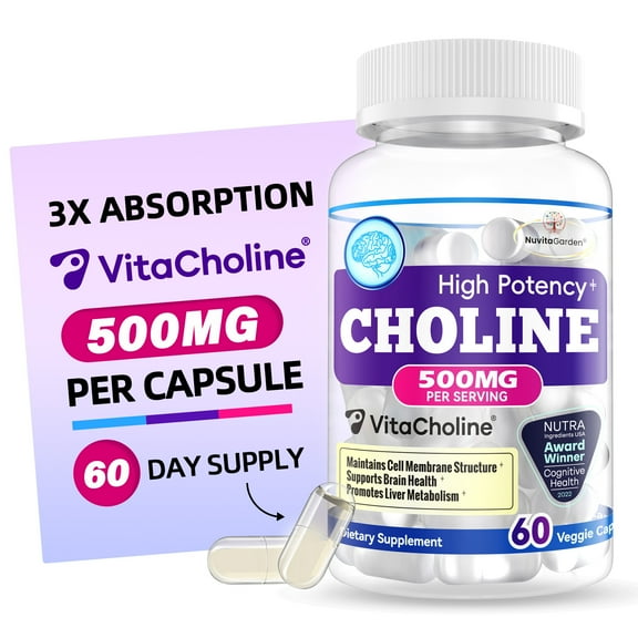Extra Strength Choline 500 mg - Essential Nutrient Featuring VitaCholine® for Focus Support - Vegan Certified · Non-GMO · Gluten Free - 60 Liquid Capsules