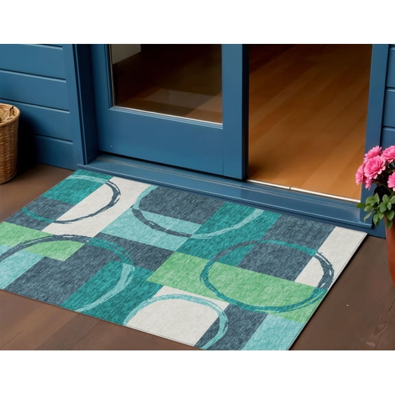 HomeRoots 612593 3 x 5 ft. Teal Blue & Green Geometric Washable Indoor & Outdoor Rectangle Area Rug