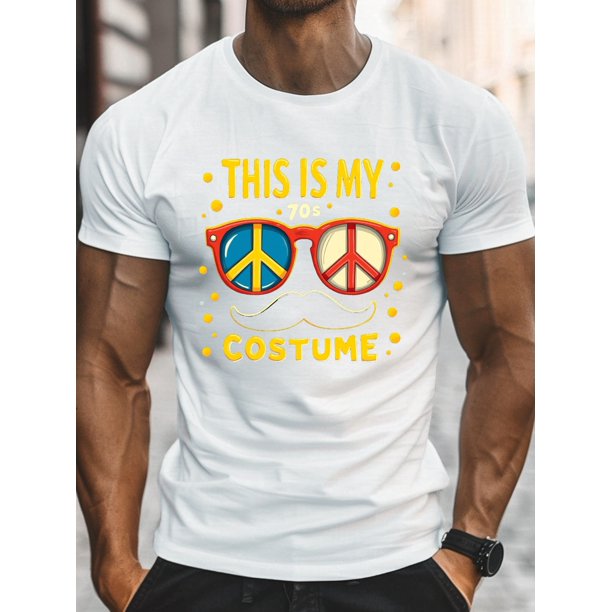 Men's "This Is My 70s Costume" Graphic Tee - Crew Neck Short Sleeve T-Shirt, Summer Casual Top with Retro Peace Sign & Mustache Design