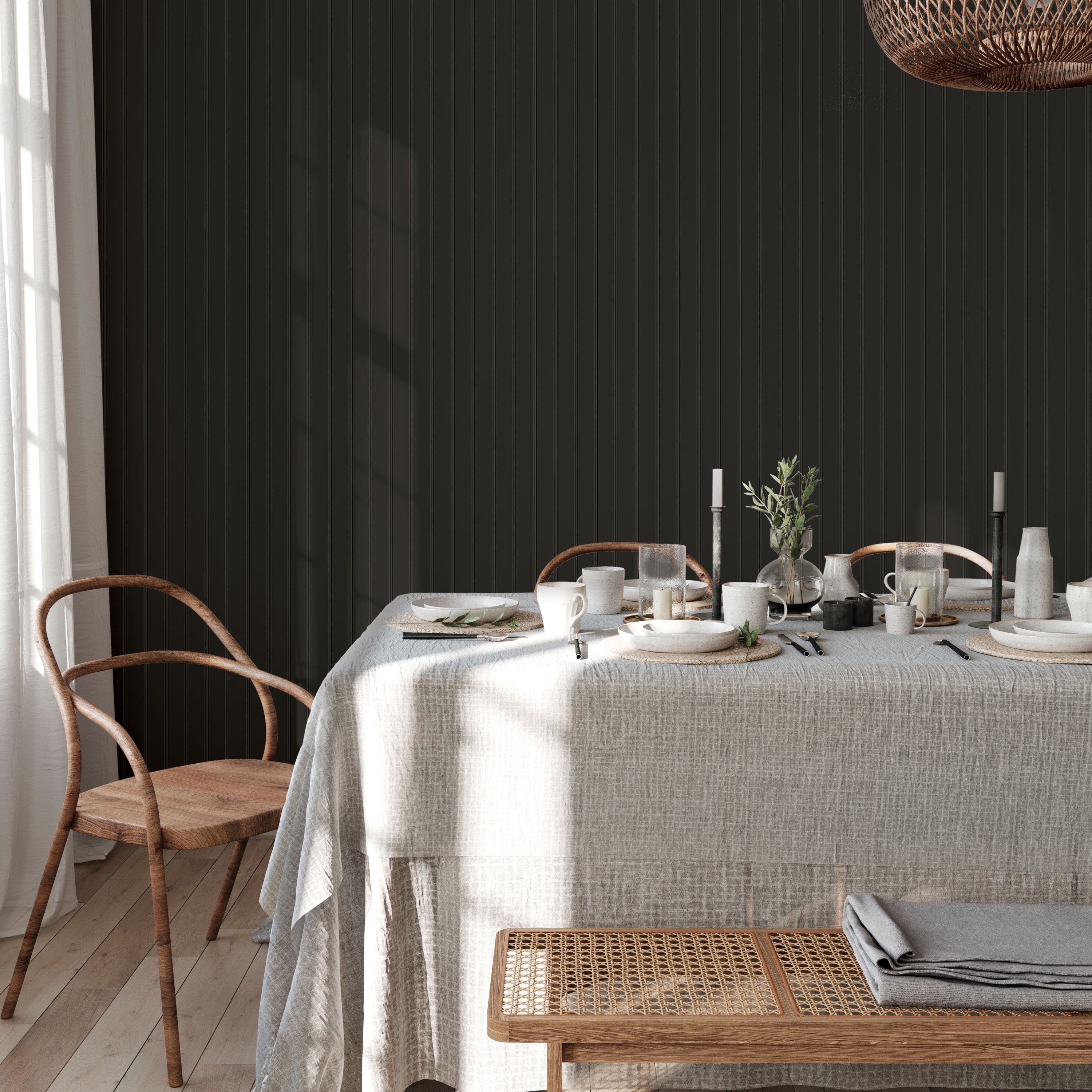 Tempaper Beadboard Black Peel and Stick Wallpaper, 20.5" x 16.5'