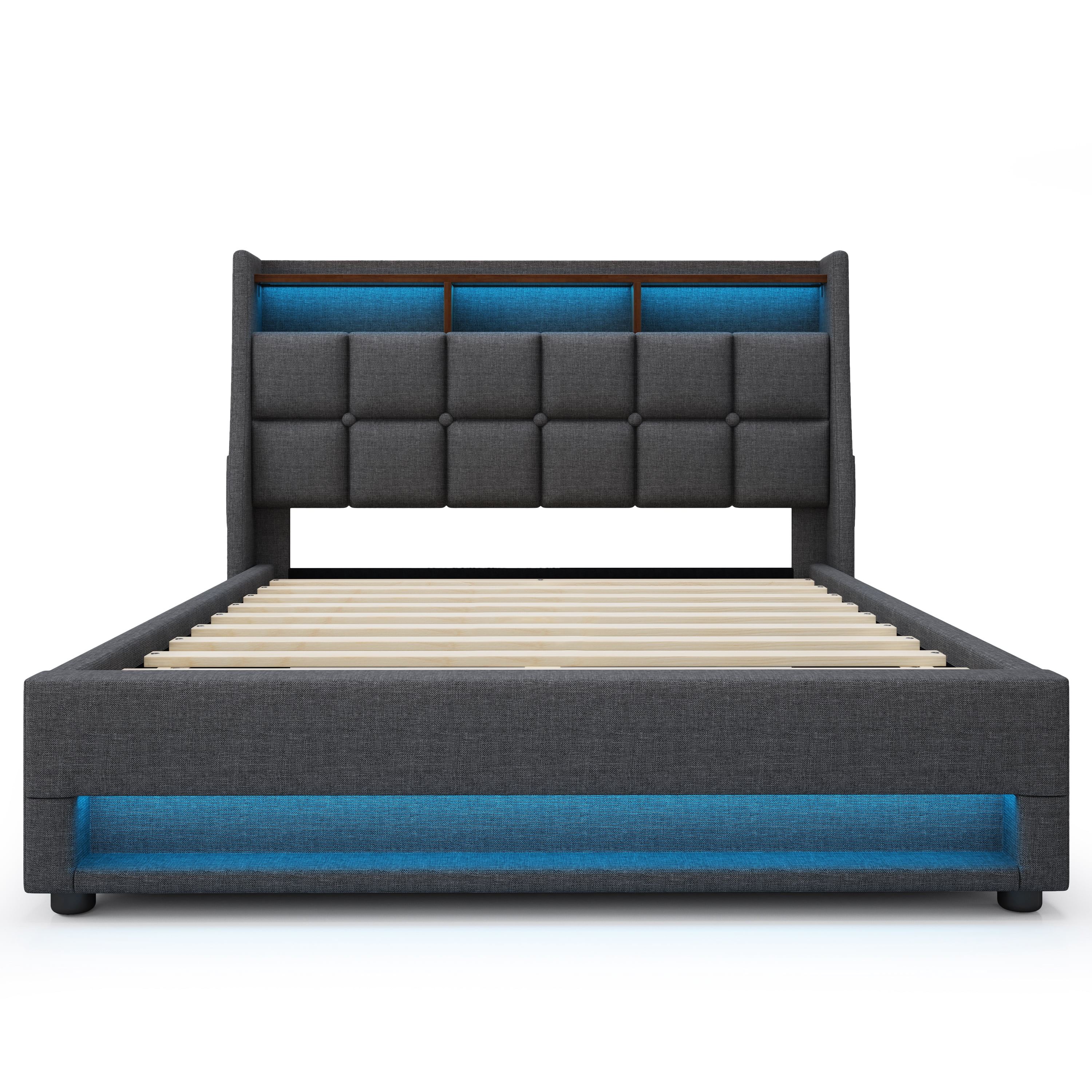 Full size Platform bed with Hydraulic Storage, LED and Charging Station, No Box Spring Needed