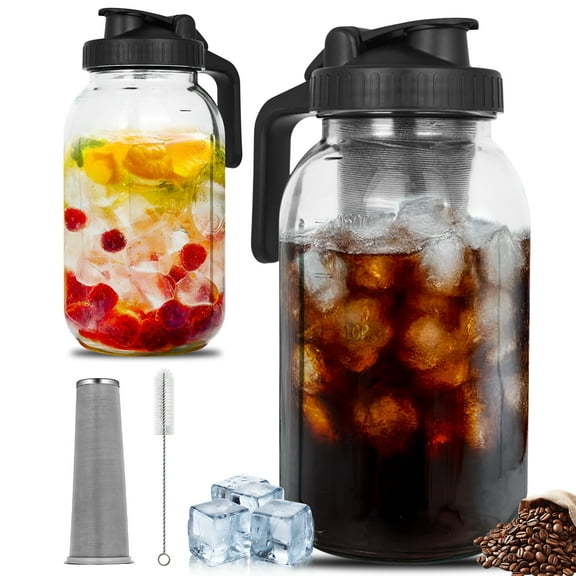 Soulgenix Cold Brew Coffee Maker, 64 oz Mason Jar Pitcher with Stainless Steel Filter, Cleaning Brush, Black