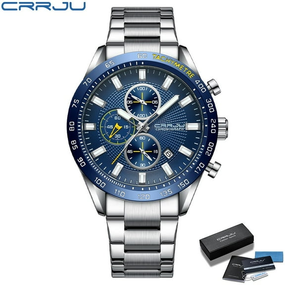 CRRJU New Watch For Men Luxury Silver Fashion Quartz Clock Analog Chronograph Sport Waterproof Stainless Steel Wristwatch