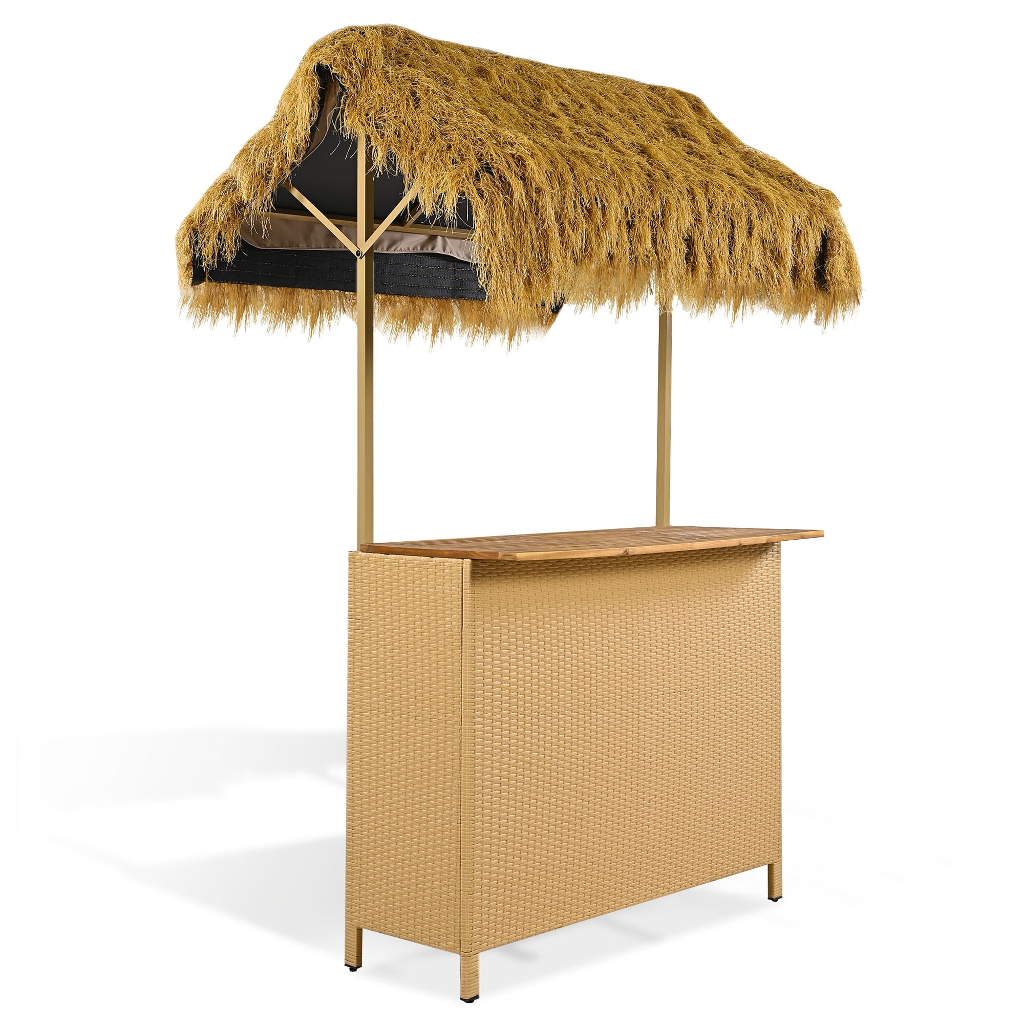 Bar Height Patio Set with PE Grass Canopy, Outdoor Bar Table and Stools with Adjustable Feet, Acacia Wood Top, for Dining and Drinking, Natural