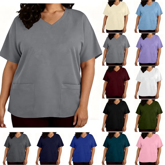 cocolona Womens Plus Size Scrubs Tops Solid Color V Neck Short Sleeve Workwear Uniform T-shirts with Pockets