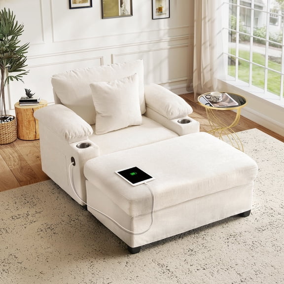FFH Oversized Chair with Ottoman, Chenille Accent Chair with Ottoman, Comfy Single Sofa Chair with Cup Holders, Charging Ports and Storage Space, Beige