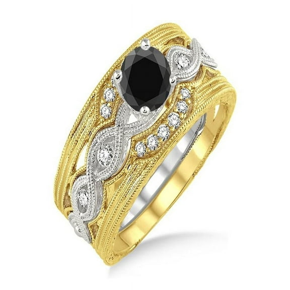 1.25 Carat Black Diamond Vintage Trio Bridal Set Engagement Ring on 10k White Gold