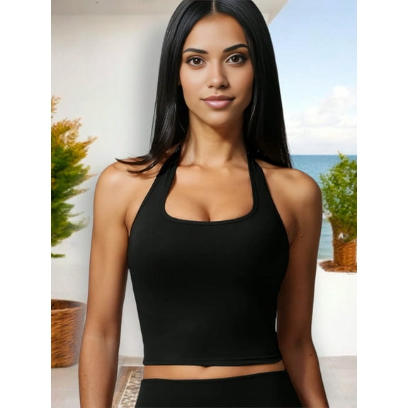 Women's Ribbed Halter Neck Sports Bra with Built-In Bra- Medium, Black
