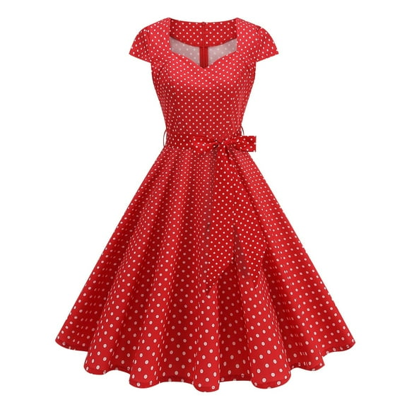 Gamivast Holiday Dresses for Women Midi Retro formal Cocktail Party Dresses 1950S Cap Sleeve Polka Dot Swing Dress with Bow Belt for Wedding Church