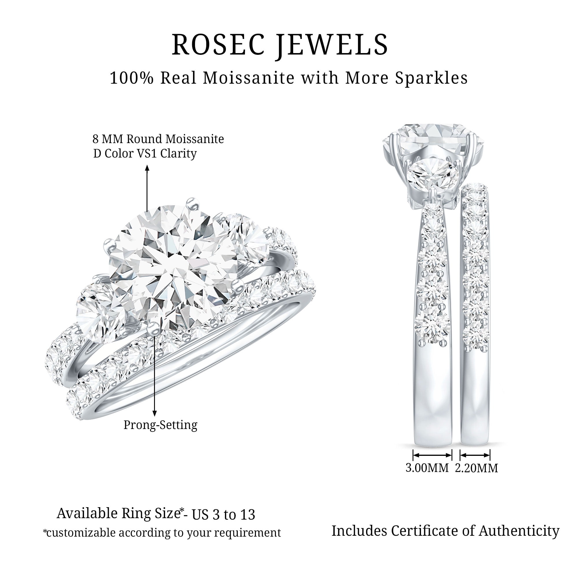 Rosec Jewels Certified Moissanite Wedding Engagement Ring Set for Women, 925 Sterling Silver, US 4.00