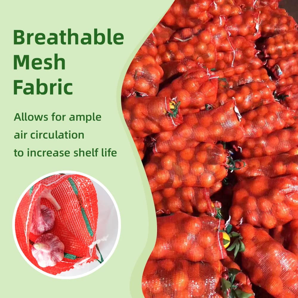 MODANU 50 Pcs 10 lb Mesh Onion Bags, 10"×18" Mesh Produce Bags Hanging Reusable Breathable Vegetable Storage Net Bags with Drawstring for Onions Potatoes Citrus Crawfish, Red