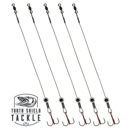 Tooth Shield Tackle Fish Eye Ice Fishing Tip Up Leader Rig (90 lb) Ice Fishing Sucker Walleye Pike Musky Predator Rig (5 Pack) (Camo/Transparent Fish Eye) (VMC # 8)