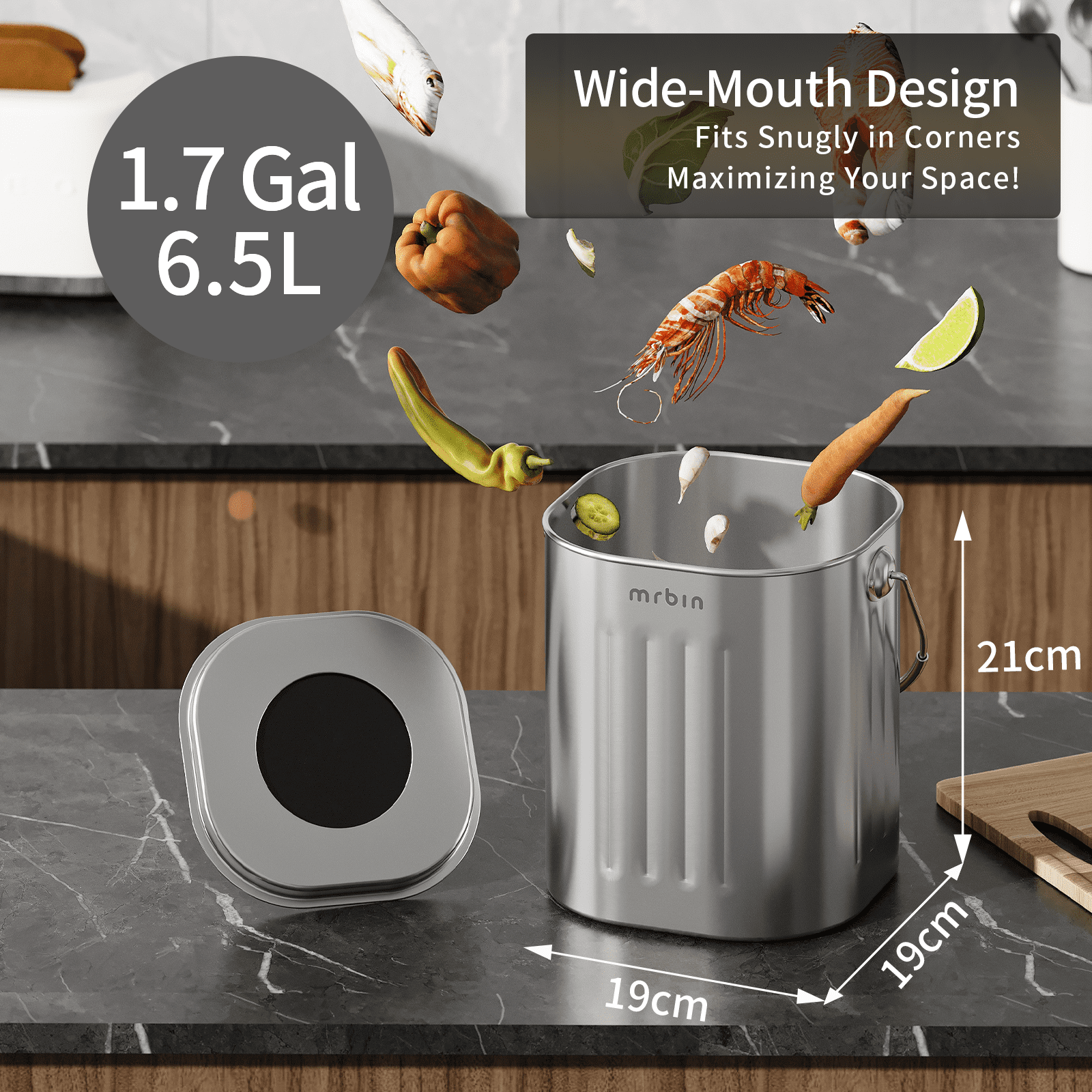 Mrbin All Stainless Steel Compost Bin Kitchen Countertop Trash Can with Lid and Charcoal Filter, Metal Small Indoor Rubbish Dustbin for Food Waste Recycle