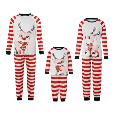 

Matching Family Christmas Pajamas Sets Fashion Deer Print Long Sleeve Pullover Stripe Bottom Pants Loungewear