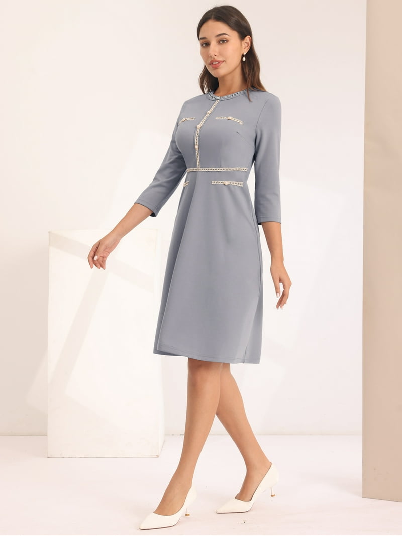 Daring Diva A-Line Contrast Color Tweed Trim Dress L Grey