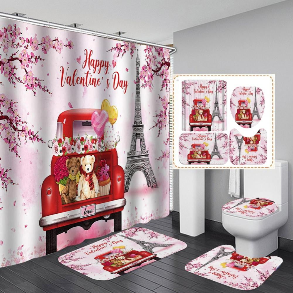 Valentine's Day Pink Retro Truck with Flowers Shower Curtain Set Bathroom Decor 