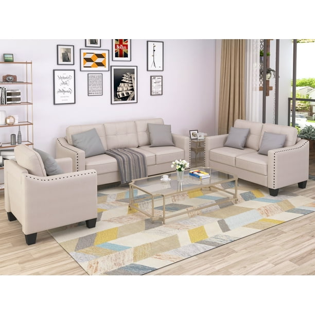 Mid Century Modern Couch Upholstered Sofa Bed And Loveseat Set For Living Room Stylish Sectional Sleeper Extra Comfy Wide Recliner Soft Chairs Chaise Lounge Small Space Beige Com Mid Century Modern Couch Upholstered, Comfy Sectional Sleeper Sofa