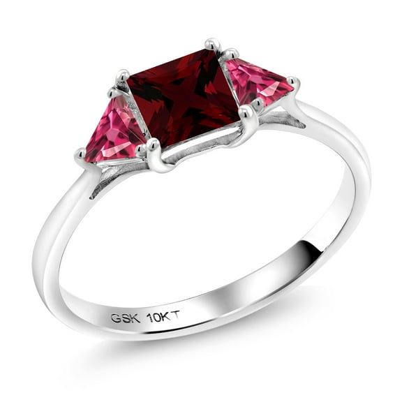 Gem Stone King 10K White Gold Red Garnet and Pink Tourmaline 3 Stone Engagement Ring for Women (1.24 Cttw, Gemstone January Birthstone, Princess Center 5MM, Trillion 3.5MM, Size 6)
