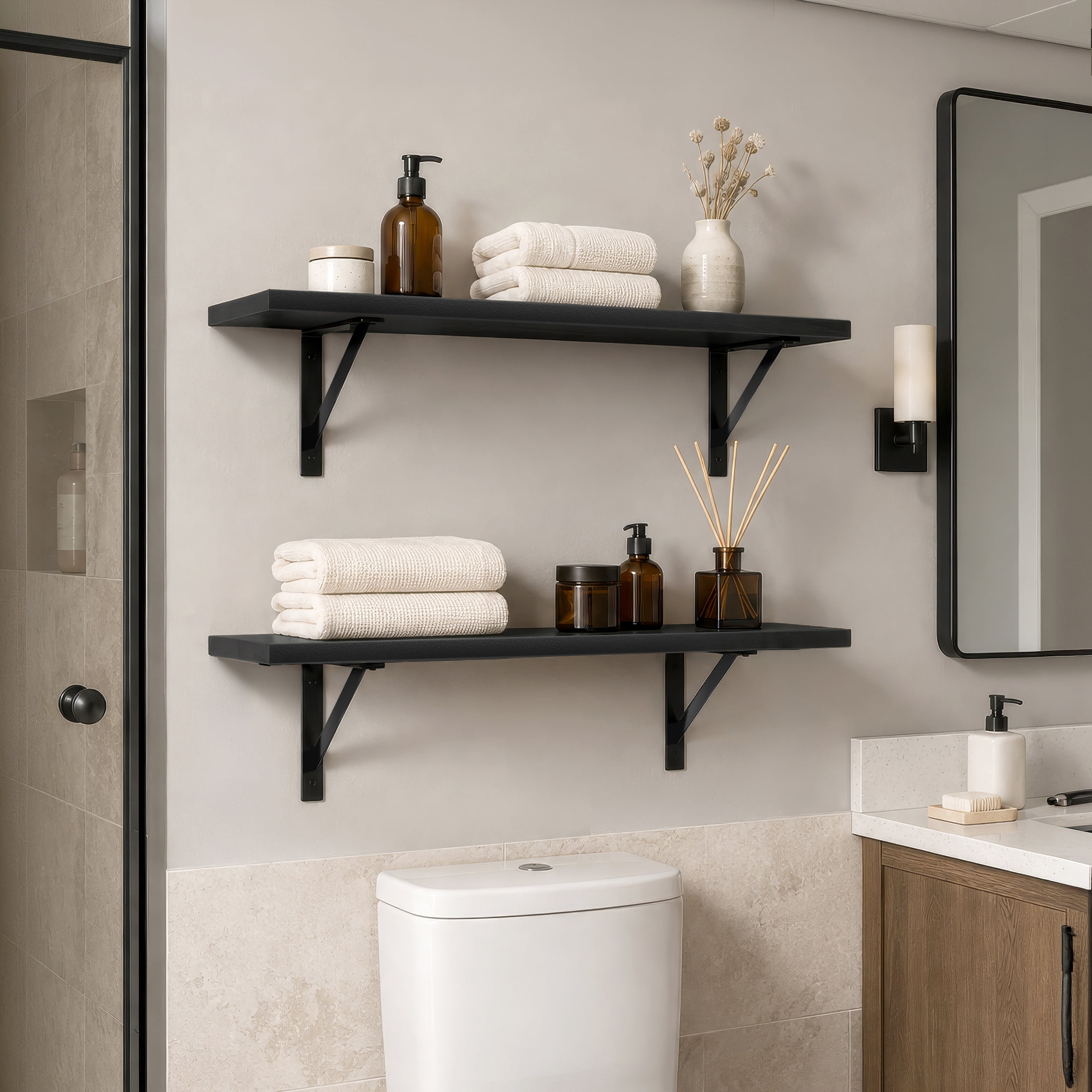 Sorbus 31.5 in Wood Wall Shelves with Black Metal Brackets, Black, 2-Piece Set