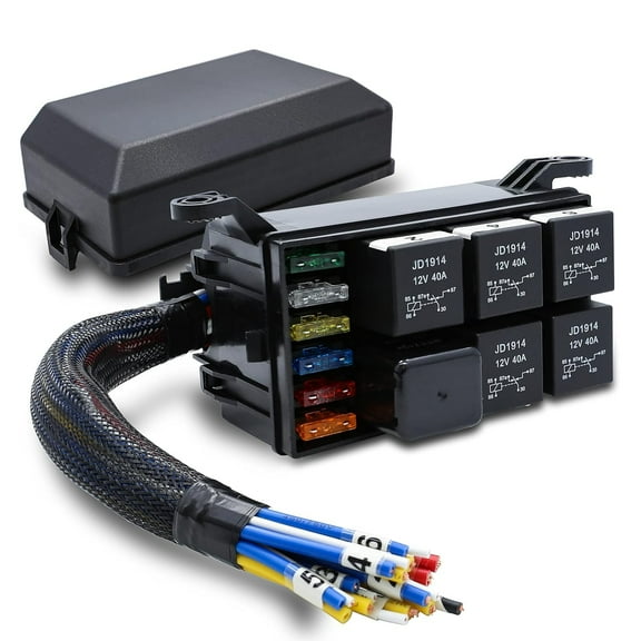 12V Automotive Relay Box 6 Way Relay Fuse Box, with 12 AWG Pre-Wired, Fuse Relay Block Universal Relay Panel