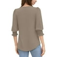 thumbnail image 7 of bbyeadc Women's 2025 Fashion T-Shirts Round Neck Smocked Cuff Ruched Shirts Three Quarter Sleeve Dressy Casual Loose Fit Basic Trendy Tops Summer Basic Business Tshirts Clothes, Light Brown 2XL, 7 of 7