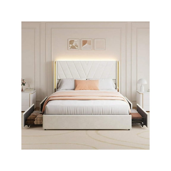 Upholstered Led Bed Frame with 4 Storage Drawers, Queen Size, Velvet Platform Bed Frame with Wingback Headboard, No Box Spring Needed, Noise-Free