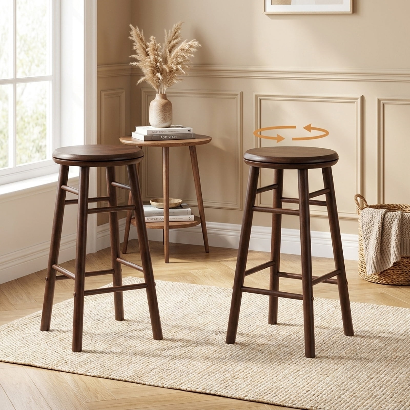 Furnibear 24" Swivel Bar Stools Set of 2 with Footrests & Crossbars for Kitchen Island Counter Bar Pub Dining Home, Walnut